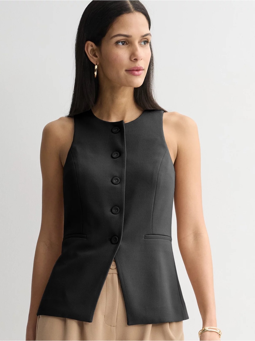 Nine West Sleeveless Black Button-Front Tailored Vest Dress Top M